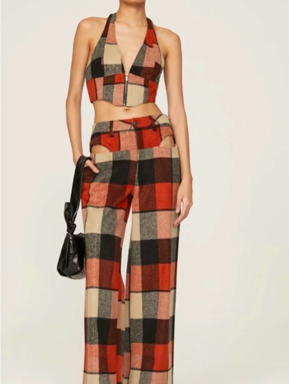AFRM Red Black Cream Plaid Halter Crop & Wide-Leg Pants Set